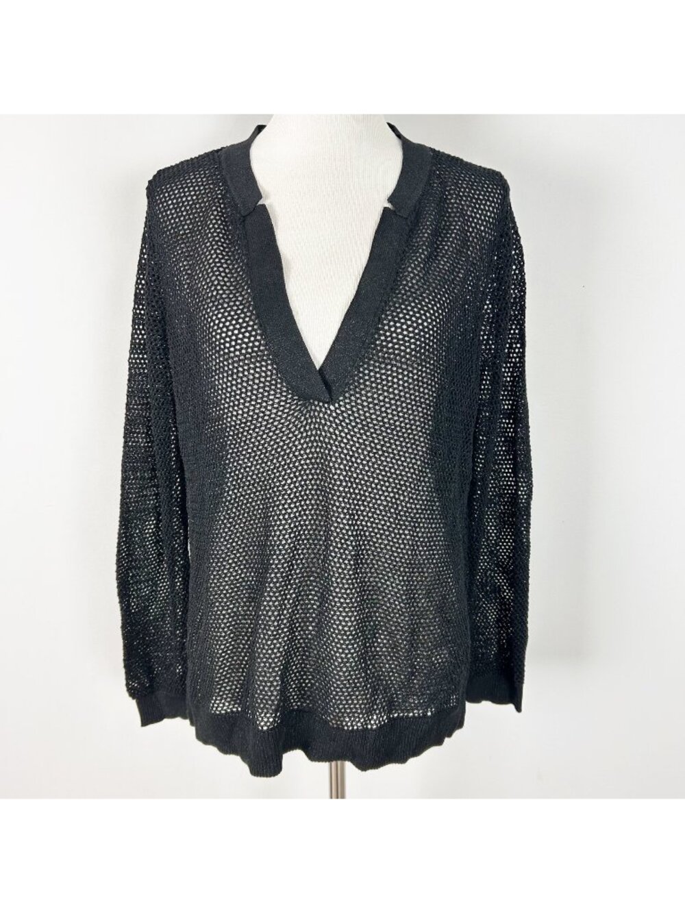 Nic + Zoe Black Open Knit Sweater Layer Cover Up Shimmery Size Large Women's